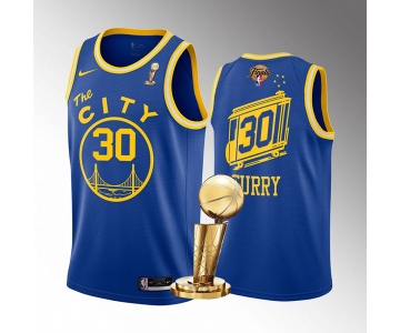 Mens Golden State Warriors #30 Stephen Curry Royal 2022 NBA Finals Champions Stitched Jersey