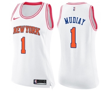 Women's Nike New York Knicks #1 Emmanuel Mudiay Swingman White Pink Fashion NBA Jersey