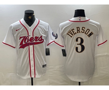 Men's Philadelphia 76ers #3 Allen Iverson White With Patch Cool Base Stitched Baseball Jersey