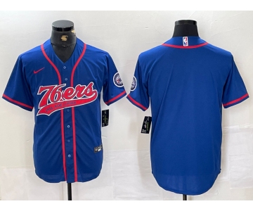 Men's Philadelphia 76ers Blue Black With Patch Cool Base Stitched Baseball Jersey