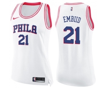 Women's Nike Philadelphia 76ers #21 Joel Embiid Swingman White Pink Fashion NBA Jersey