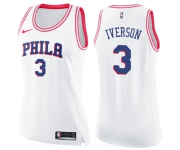 Women's Nike Philadelphia 76ers #3 Allen Iverson Swingman White Pink Fashion NBA Jersey