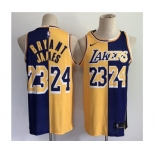 Men's Los Angeles Lakers #23 LeBron James #24 Kobe Brant Purple Gold Split Special Stitched Basketball Jersey