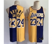 Men's Los Angeles Lakers #23 LeBron James #24 Kobe Brant Purple Gold Split Special Stitched Basketball Jersey