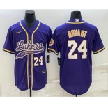 Men's Los Angeles Lakers #24 Kobe Bryant Number Purple With Patch Cool Base Stitched Baseball Jersey