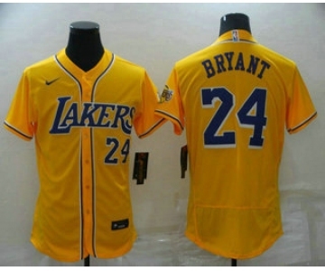 Men's Los Angeles Lakers #24 Kobe Bryant Number Yellow Cool Base Stitched Baseball Jersey