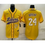 Men's Los Angeles Lakers #24 Kobe Bryant Number Yellow With Patch Cool Base Stitched Baseball Jersey