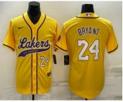 Men's Los Angeles Lakers #24 Kobe Bryant Number Yellow With Patch Cool Base Stitched Baseball Jersey