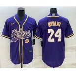 Men's Los Angeles Lakers #24 Kobe Bryant Purple With Patch Cool Base Stitched Baseball Jerseys