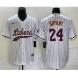 Men's Los Angeles Lakers #24 Kobe Bryant White Pinstripe With Patch Cool Base Stitched Baseball Jersey1