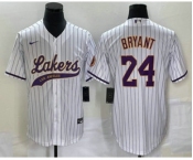 Men's Los Angeles Lakers #24 Kobe Bryant White Pinstripe With Patch Cool Base Stitched Baseball Jersey1