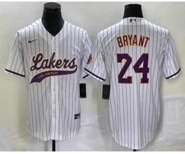 Men's Los Angeles Lakers #24 Kobe Bryant White Pinstripe With Patch Cool Base Stitched Baseball Jersey1