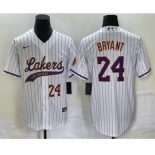 Men's Los Angeles Lakers #24 Kobe Bryant White Pinstripe With Patch Cool Base Stitched Baseball Jersey2