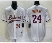 Men's Los Angeles Lakers #24 Kobe Bryant White Pinstripe With Patch Cool Base Stitched Baseball Jersey2