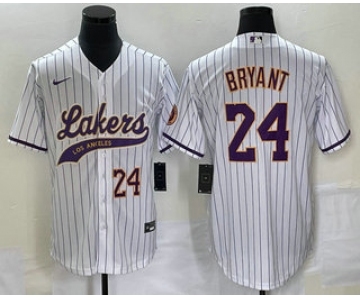 Men's Los Angeles Lakers #24 Kobe Bryant White Pinstripe With Patch Cool Base Stitched Baseball Jersey2