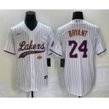 Men's Los Angeles Lakers #24 Kobe Bryant White Pinstripe With Patch Cool Base Stitched Baseball Jersey