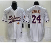 Men's Los Angeles Lakers #24 Kobe Bryant White Pinstripe With Patch Cool Base Stitched Baseball Jersey