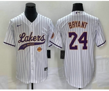 Men's Los Angeles Lakers #24 Kobe Bryant White Pinstripe With Patch Cool Base Stitched Baseball Jersey