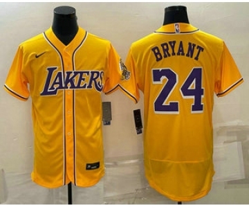 Men's Los Angeles Lakers #24 Kobe Bryant Yellow Cool Base Stitched Baseball Jersey