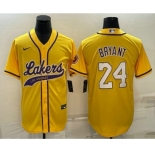 Men's Los Angeles Lakers #24 Kobe Bryant Yellow With Patch Cool Base Stitched Baseball Jersey