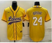 Men's Los Angeles Lakers #24 Kobe Bryant Yellow With Patch Cool Base Stitched Baseball Jersey