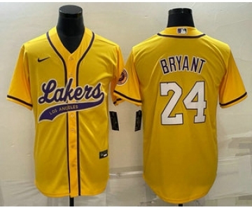 Men's Los Angeles Lakers #24 Kobe Bryant Yellow With Patch Cool Base Stitched Baseball Jersey