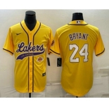 Men's Los Angeles Lakers #24 Kobe Bryant Yellow With Patch Cool Base Stitched Baseball Jerseys