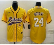 Men's Los Angeles Lakers #24 Kobe Bryant Yellow With Patch Cool Base Stitched Baseball Jerseys