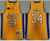 Men's Los Angeles Lakers #34 Shaquille O'neal Yellow Finals Patch 2000-01 Hardwood Classics Soul Swingman Throwback Jersey