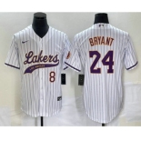 Men's Los Angeles Lakers #8 #24 Kobe Bryant White Pinstripe With Patch Cool Base Stitched Baseball Jersey