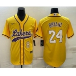 Men's Los Angeles Lakers #8 #24 Kobe Bryant Yellow With Patch Cool Base Stitched Baseball Jersey