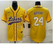 Men's Los Angeles Lakers #8 #24 Kobe Bryant Yellow With Patch Cool Base Stitched Baseball Jersey