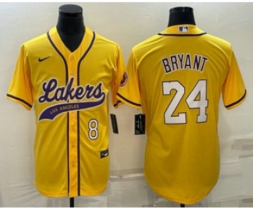 Men's Los Angeles Lakers #8 #24 Kobe Bryant Yellow With Patch Cool Base Stitched Baseball Jersey