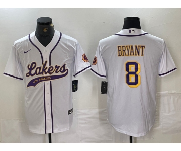 Men's Los Angeles Lakers #8 Kobe Bryant White Cool Base Stitched Baseball Jersey