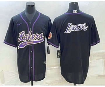 Men's Los Angeles Lakers Black Big Logo Cool Base Stitched Baseball Jersey