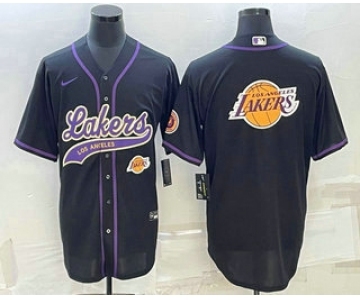 Men's Los Angeles Lakers Black Team Big Logo With Patch Cool Base Stitched Baseball Jersey