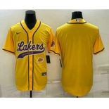 Men's Los Angeles Lakers Blank Yellow With Patch Cool Base Stitched Baseball Jersey