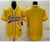 Men's Los Angeles Lakers Blank Yellow With Patch Cool Base Stitched Baseball Jersey