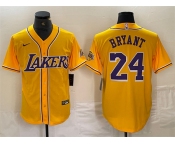 Men's Los Angeles Lakers Front #24 Kobe Bryant Gold Cool Base Stitched Baseball Jersey