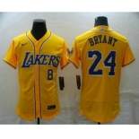 Men's Los Angeles Lakers Front #8 Back #24 Kobe Bryant Yellow Cool Base Stitched Baseball Jersey