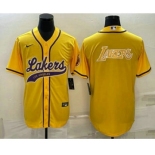 Men's Los Angeles Lakers Yellow Big Logo Cool Base Stitched Baseball Jersey