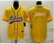 Men's Los Angeles Lakers Yellow Big Logo Cool Base Stitched Baseball Jersey