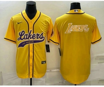 Men's Los Angeles Lakers Yellow Big Logo Cool Base Stitched Baseball Jersey