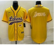 Men's Los Angeles Lakers Yellow Big Logo With Patch Cool Base Stitched Baseball Jerseys