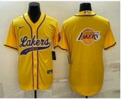 Men's Los Angeles Lakers Yellow Team Big Logo Cool Base Stitched Baseball Jersey