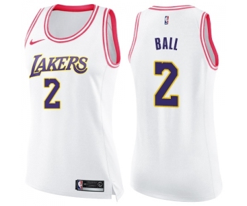 Women's Nike Los Angeles Lakers #2 Lonzo Ball Swingman White Pink Fashion NBA Jersey