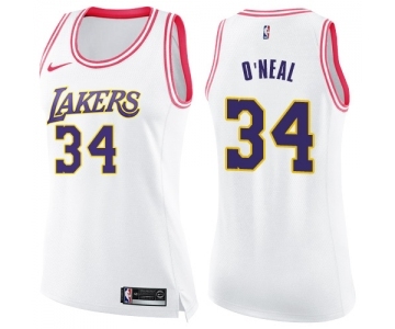 Women's Nike Los Angeles Lakers #34 Shaquille O'Neal Swingman White Pink Fashion NBA Jersey