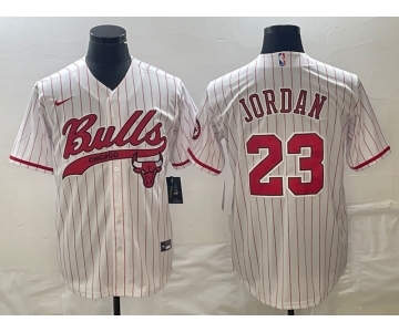 Men's Chicago Bulls #23 Michael Jordan White Pinstripe Cool Base Stitched Baseball Jersey