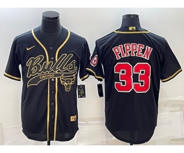 Men's Chicago Bulls #33 Scottie Pippen Black Gold With Patch Cool Base Stitched Baseball Jersey