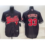 Men's Chicago Bulls #33 Scottie Pippen Black Pinstripe With Patch Cool Base Stitched Baseball Jersey